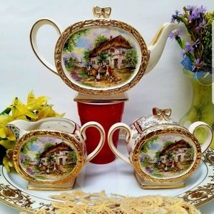 SOLD1930 Sadler Barrel English Tea Set Teapot Creamer Sugar Hand Painted English